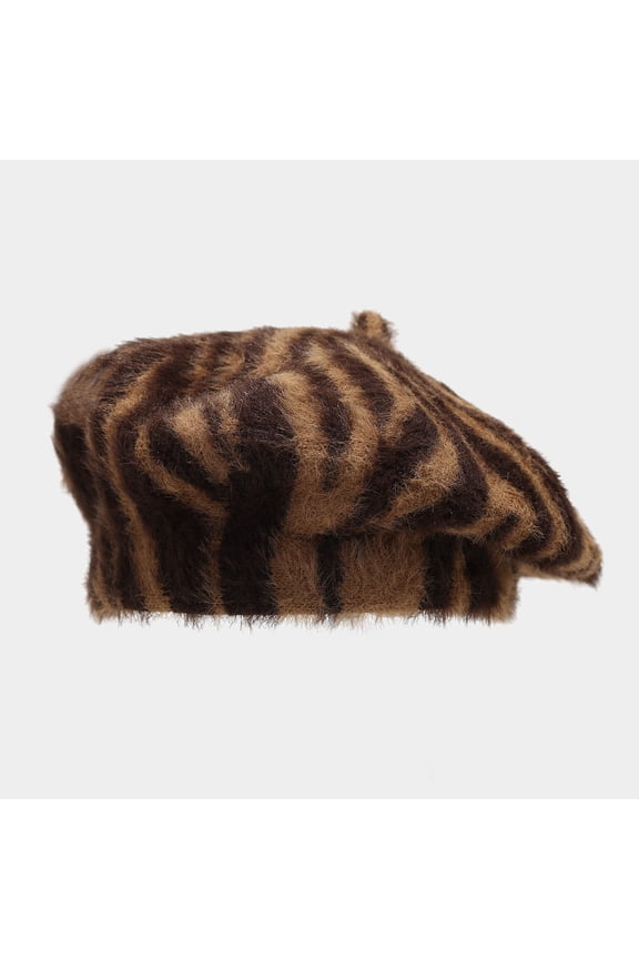 Women's Fuzzy Zebra Print Beret French Style Winter Artist Hat for Daily Party