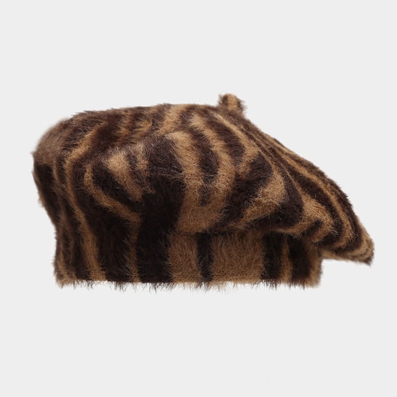 Women's Fuzzy Zebra Print Beret French Style Winter Artist Hat for Daily Party