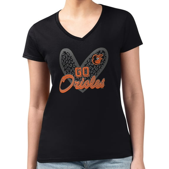 Women's G-III 4Her by Carl Banks Black Baltimore Orioles Leopard Heart Fitted V-Neck T-Shirt