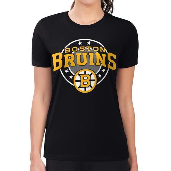 Women's G-III 4Her by Carl Banks Black Boston Bruins Super-Slim Lightweight Pinstripe Circle Graphic T-Shirt