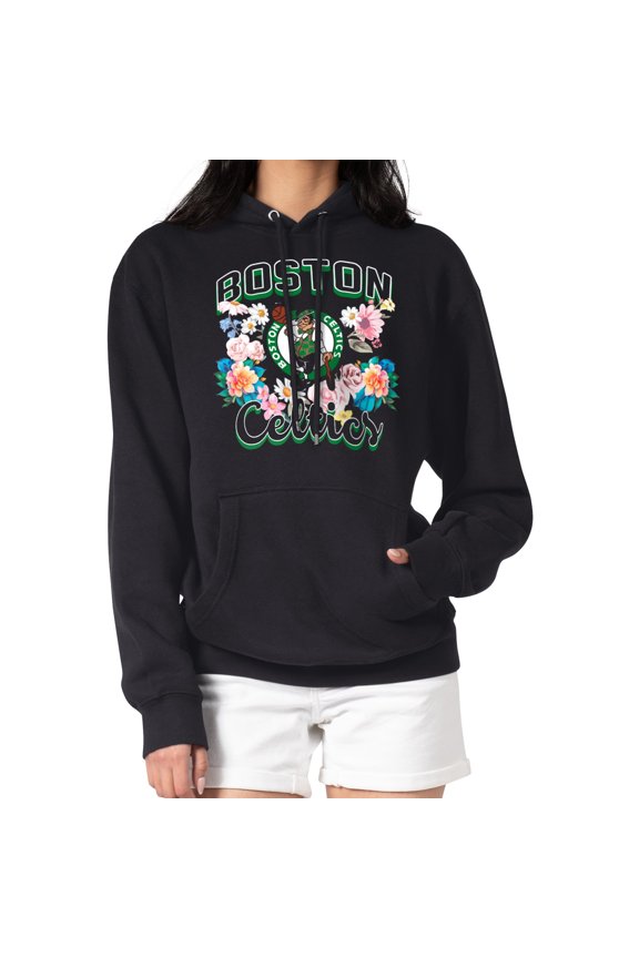 Women's G-III 4Her by Carl Banks Black Boston Celtics Flowers Team Logo Graphic Fleece Pullover Hoodie