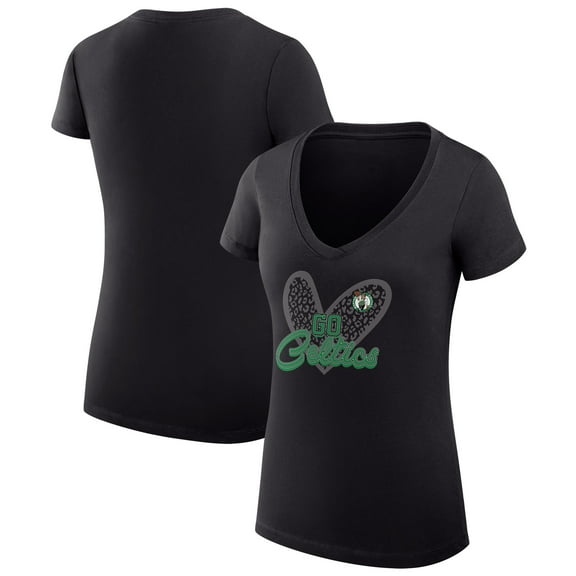 Women's G-III 4Her by Carl Banks Black Boston Celtics Super-Slim Fit Lightweight Leopard Heart V-Neck T-Shirt