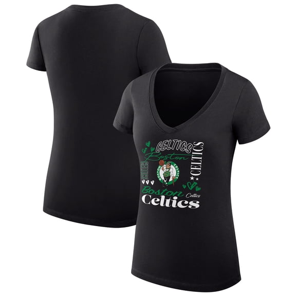 Women's G-III 4Her by Carl Banks Black Boston Celtics Super-Slim Fit Lightweight Team Name Collage Graphic V-Neck