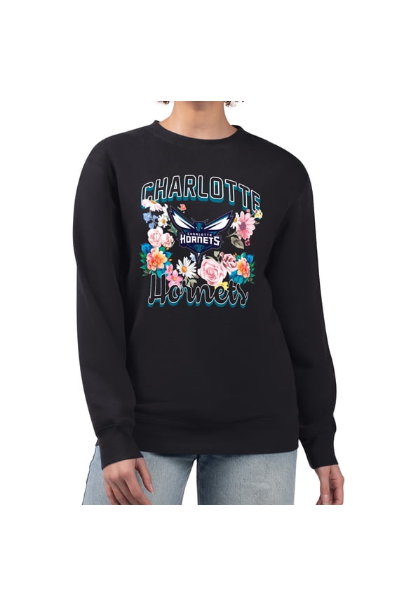 Women's G-III 4Her by Carl Banks Black Charlotte Hornets Flowers Team Logo Graphic Fleece Crewneck Pullover Sweatshirt
