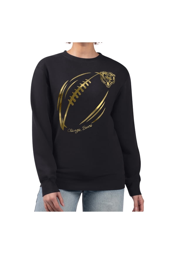 Women's G-III 4Her by Carl Banks Black Chicago Bears Metallic Print Football Sketch Fleece Crewneck Sweatshirt