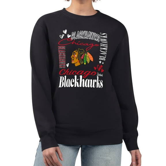 Women's G-III 4Her by Carl Banks Black Chicago Blackhawks Collage Graphic Fleece Long Sleeve Pullover Sweatshirt
