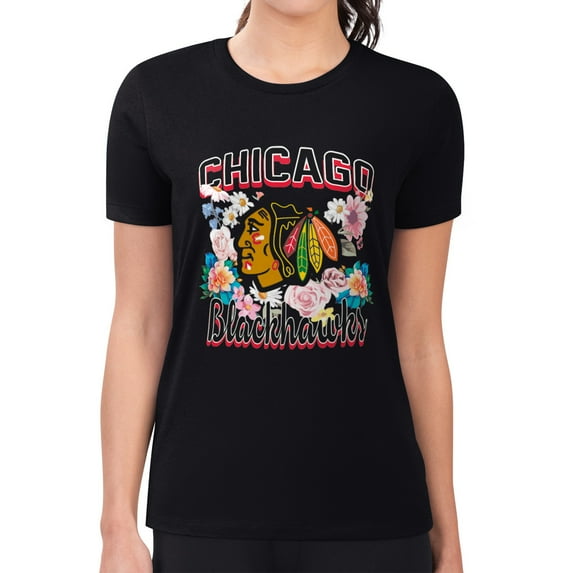 Women's G-III 4Her by Carl Banks Black Chicago Blackhawks Super-Slim Fit Lightweight Flower Logo T-Shirt