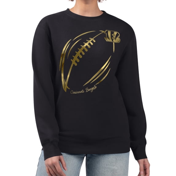 Women's G-III 4Her by Carl Banks Black Cincinnati Bengals Metallic Print Football Sketch Fleece Crewneck Sweatshirt