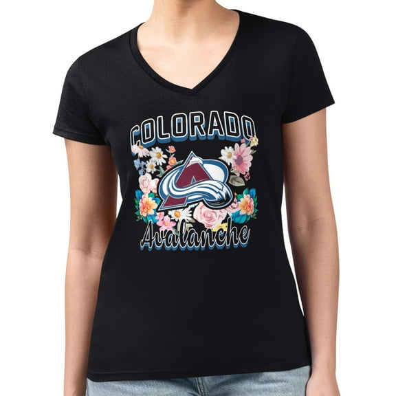 Women's G-III 4Her by Carl Banks Black Colorado Avalanche Super-Slim Fit Lightweight Flower Logo V-Neck T-Shirt