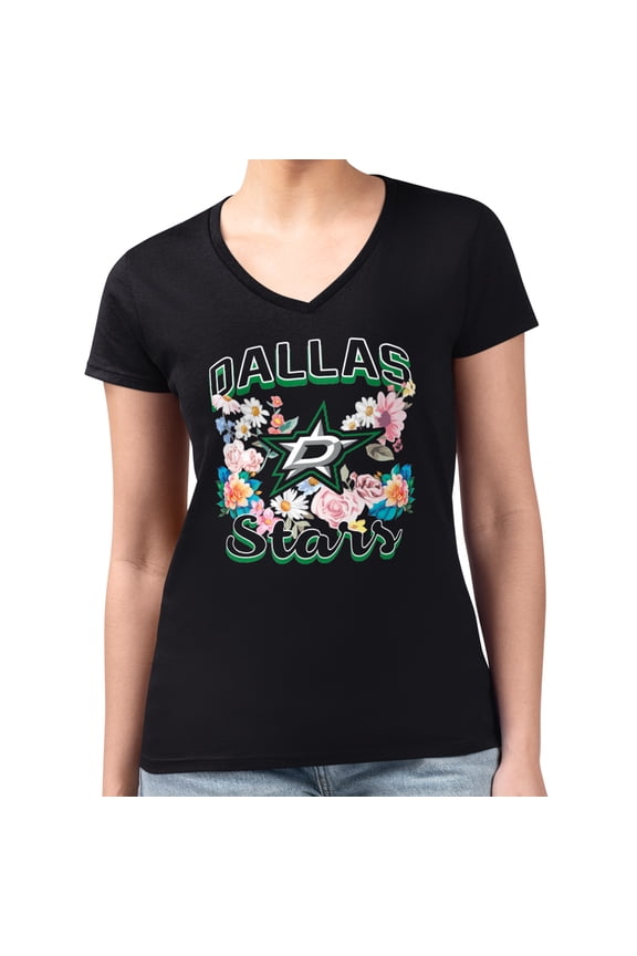 Women's G-III 4Her by Carl Banks Black Dallas Stars Super-Slim Fit Lightweight Flower Logo V-Neck T-Shirt