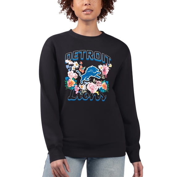 Women's G-III 4Her by Carl Banks Black Detroit Lions Flower Logo Graphic Fleece Pullover Sweatshirt