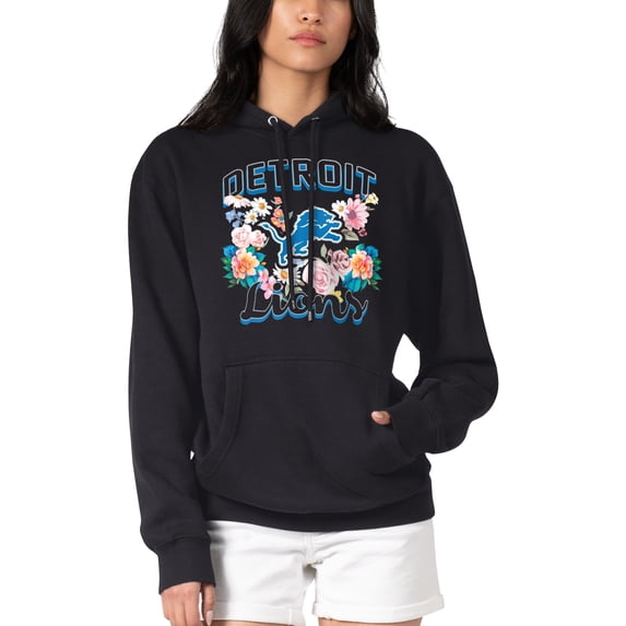 Women's G-III 4Her by Carl Banks Black Detroit Lions Flowers Team Logo Graphic Fleece Pullover Hoodie