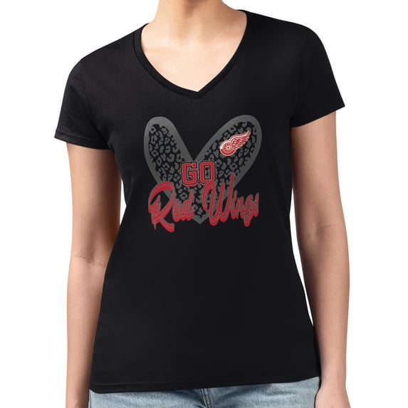 Women's G-III 4Her by Carl Banks Black Detroit Red Wings Super-Slim Fit Lightweight Animal Print Heart V-Neck T-Shirt