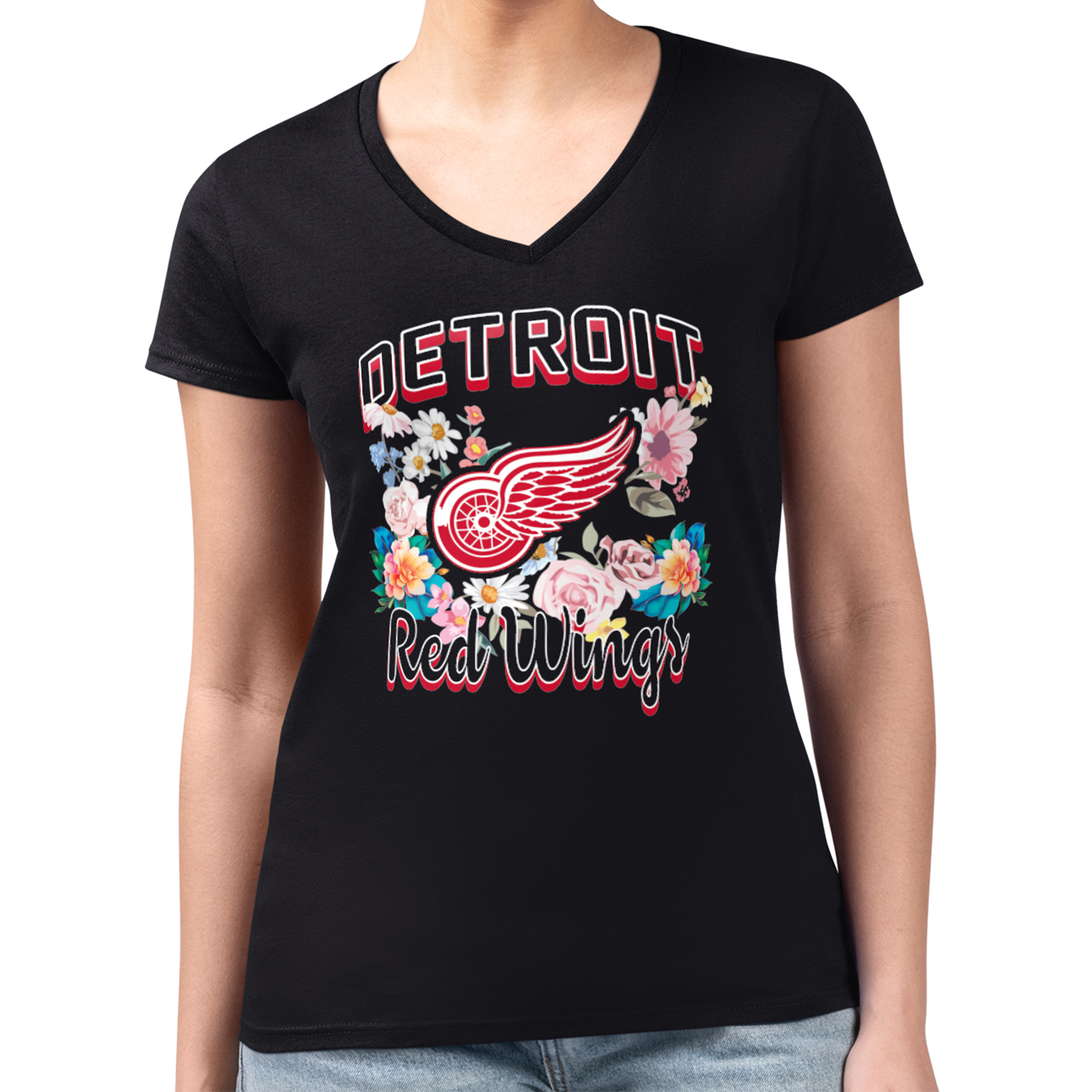 Women's G-III 4Her by Carl Banks Black Detroit Red Wings Flower Logo Fitted V-Neck T-Shirt