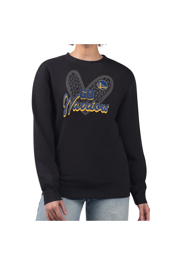 Women's G-III 4Her by Carl Banks  Black Golden State Warriors Leopard Heart Fleece Pullover Sweatshirt