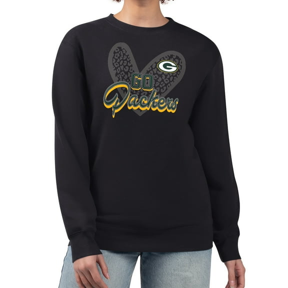 Women's G-III 4Her by Carl Banks Black Green Bay Packers Leopard Heart Pullover Sweatshirt