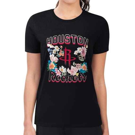 Women's G-III 4Her by Carl Banks Black Houston Rockets Flowers Team Logo Graphic Fitted T-Shirt