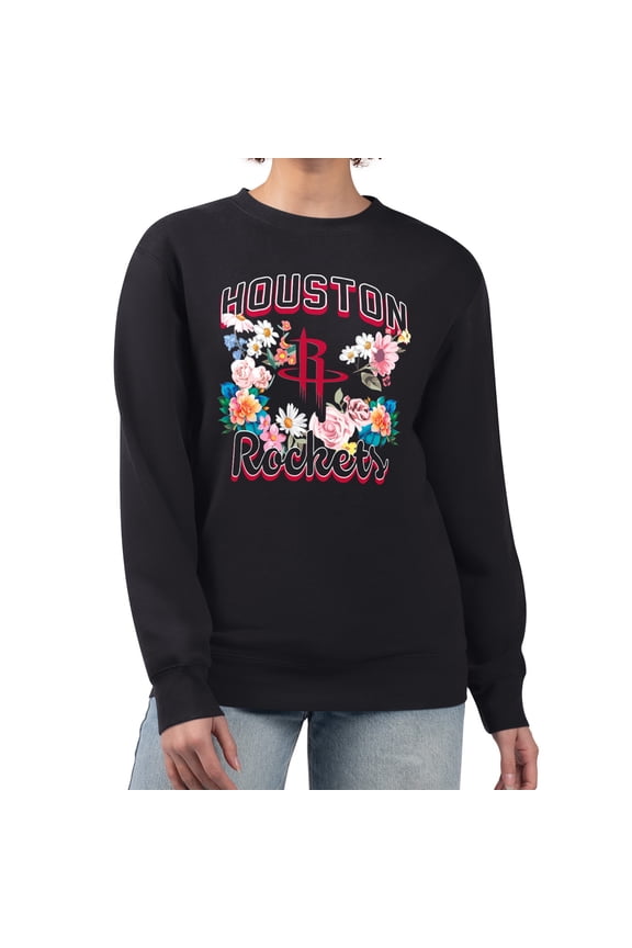 Women's G-III 4Her by Carl Banks Black Houston Rockets Flowers Team Logo Graphic Fleece Crewneck Pullover Sweatshirt
