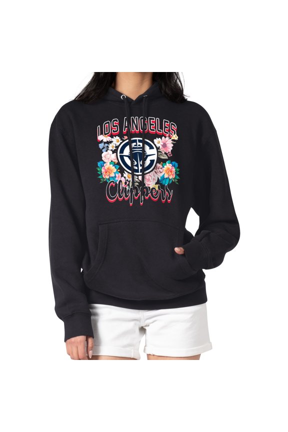 Women's G-III 4Her by Carl Banks Black LA Clippers Flowers Team Logo Graphic Fleece Pullover Hoodie