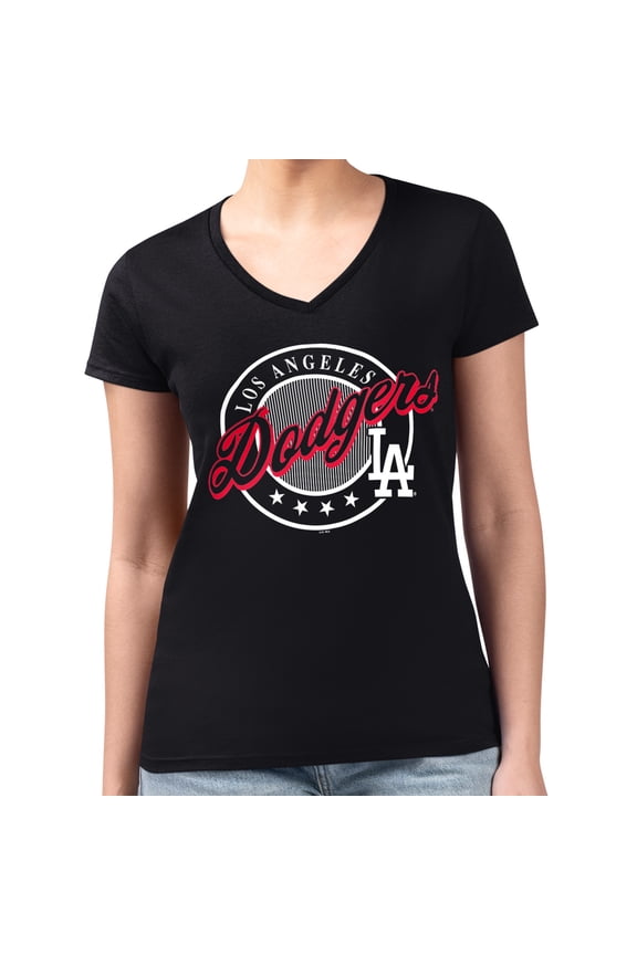 Women's G-III 4Her by Carl Banks Black Los Angeles Dodgers Super-Slim Fit Lightweight Pinstripe Circle V-Neck T-Shirt