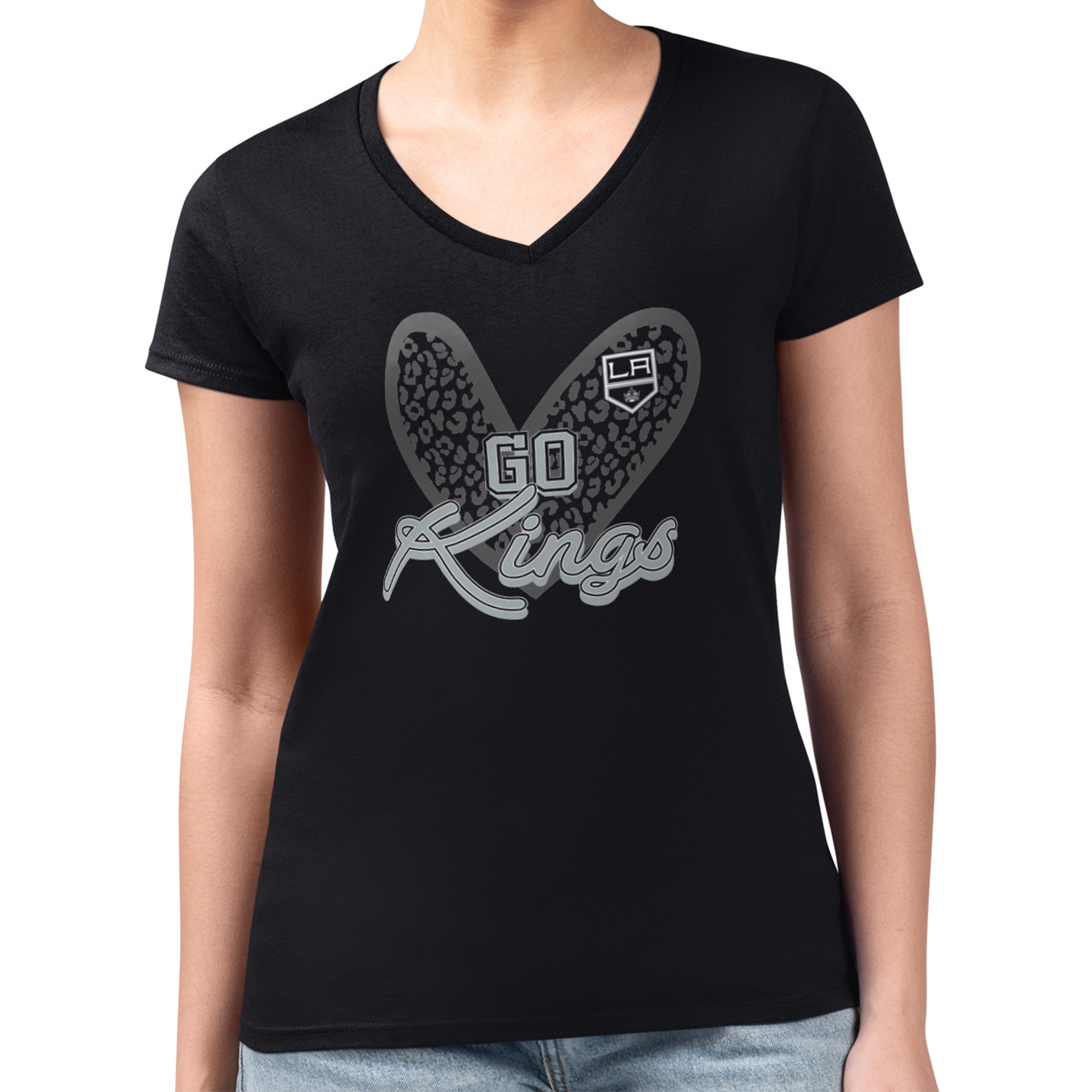 Women's G-III 4Her by Carl Banks Black Los Angeles Kings Animal Print Heart Fitted V-Neck T-Shirt