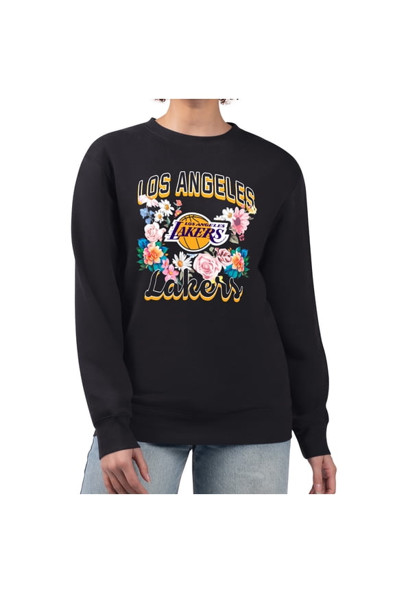 Women's G-III 4Her by Carl Banks Black Los Angeles Lakers Flowers Team Logo Graphic Fleece Crewneck Pullover Sweatshirt