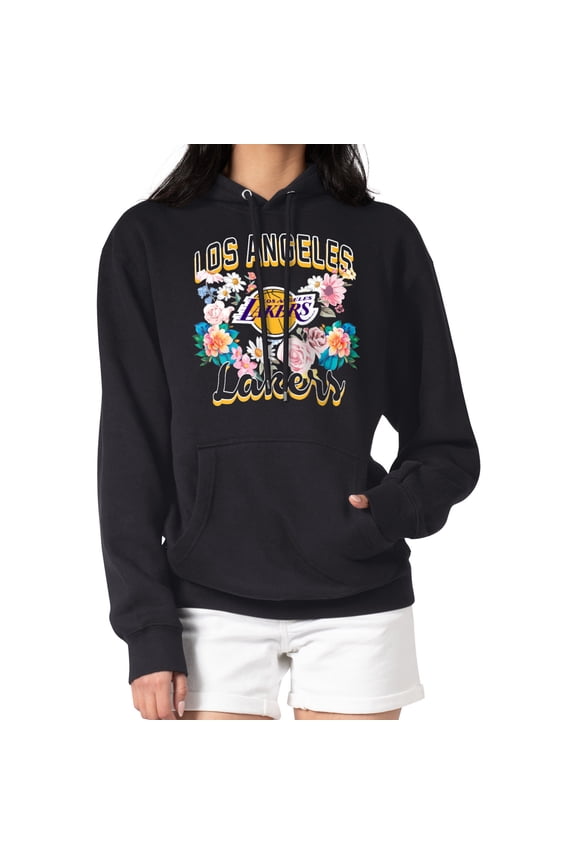 Women's G-III 4Her by Carl Banks Black Los Angeles Lakers Flowers Team Logo Graphic Fleece Pullover Hoodie