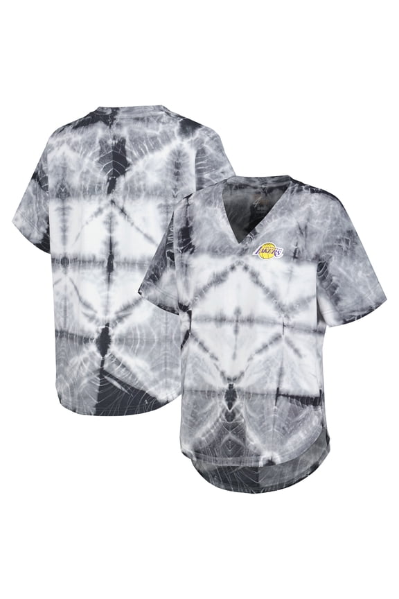 Women's G-III 4Her by Carl Banks Black Los Angeles Lakers Tournament Raglan Oversized Tie-Dye V-Neck T-Shirt