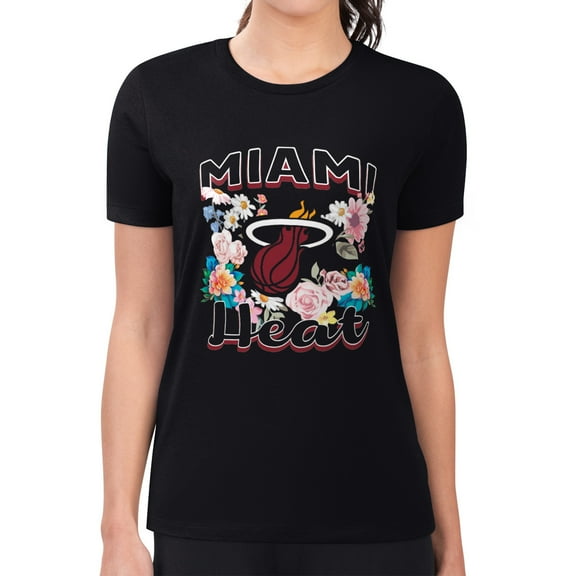 Women's G-III 4Her by Carl Banks Black Miami Heat Super-Slim Fit Lightweight Flowers Team Logo Graphic T-Shirt