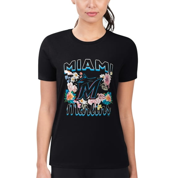 Women's G-III 4Her by Carl Banks Black Miami Marlins Super-Slim Fit Lightweight Flowers Graphic T-Shirt