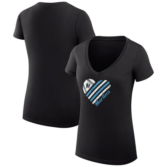 Women's G-III 4Her by Carl Banks  Black Miami Marlins Super-Slim Fit Lightweight Heart V-Neck T-Shirt
