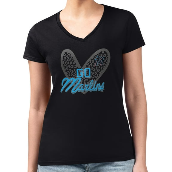 Women's G-III 4Her by Carl Banks Black Miami Marlins Super-Slim Fit Lightweight Leopard Heart V-Neck T-Shirt