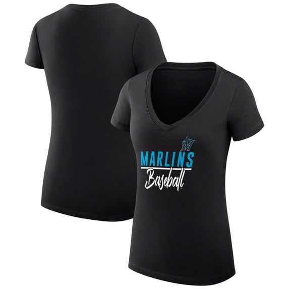 Women's G-III 4Her by Carl Banks Black Miami Marlins Team Graphic V-Neck Fitted T-Shirt