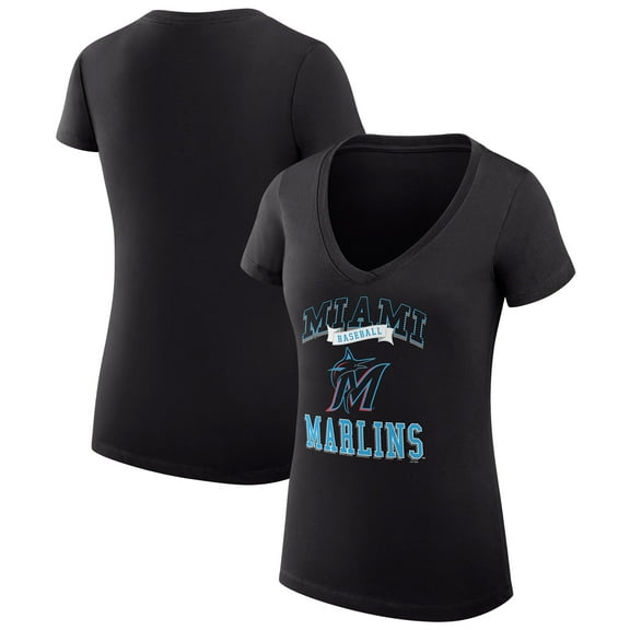 Women's G-III 4Her by Carl Banks Black Miami Marlins Super-Slim Fit Lightweight Team Logo Graphic V-Neck T-Shirt