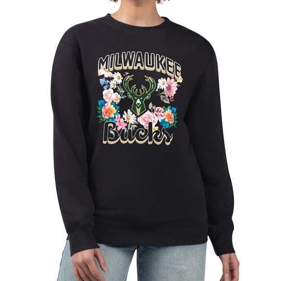 Women's G-III 4Her by Carl Banks Black Milwaukee Bucks Flowers Team Logo Graphic Fleece Crewneck Pullover Sweatshirt