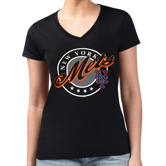 Women's G-III 4Her by Carl Banks Black New York Mets Super-Slim Fit Lightweight Pinstripe Circle V-Neck T-Shirt