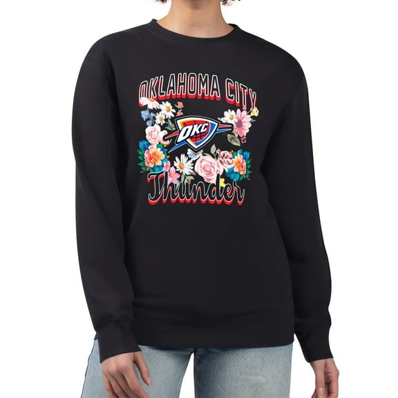 Women's G-III 4Her by Carl Banks Black Oklahoma City Thunder Flowers Team Logo Graphic Fleece Crewneck Pullover