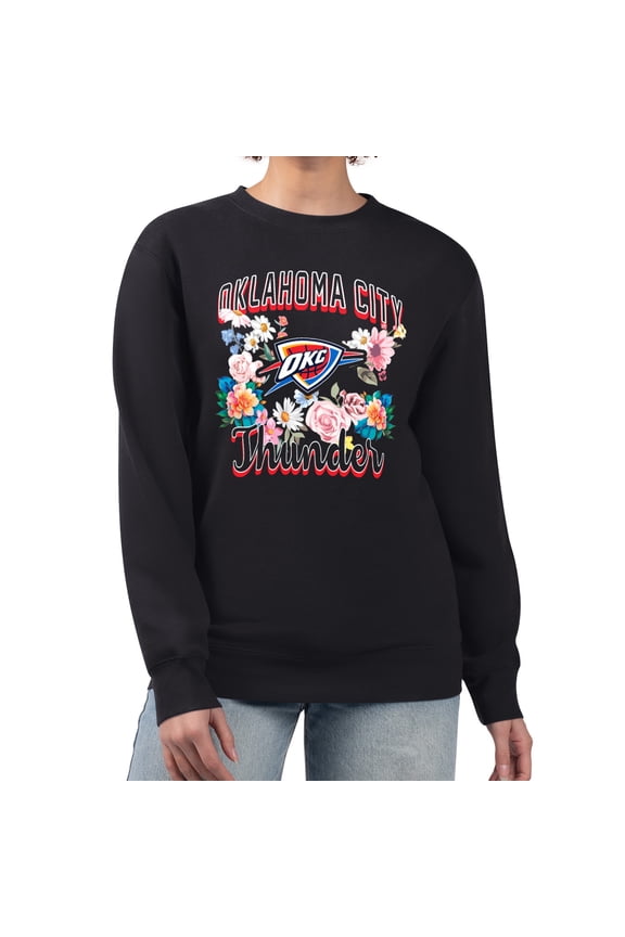 Women's G-III 4Her by Carl Banks Black Oklahoma City Thunder Flowers Team Logo Graphic Fleece Crewneck Pullover