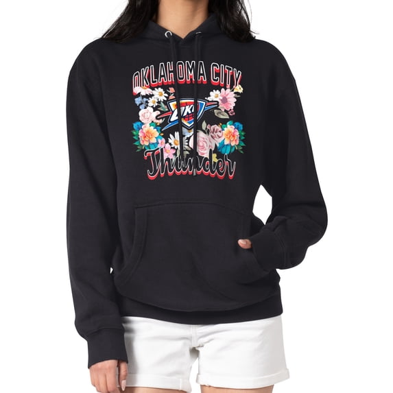 Women's G-III 4Her by Carl Banks Black Oklahoma City Thunder Flowers Team Logo Graphic Fleece Pullover Hoodie