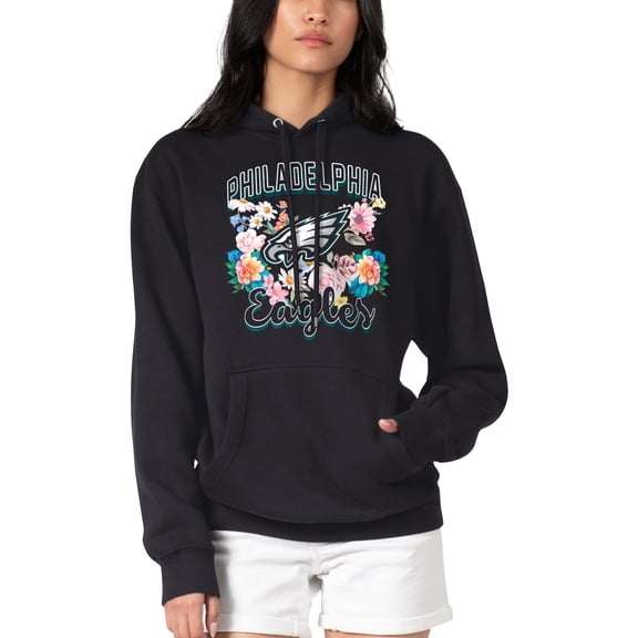 Women's G-III 4Her by Carl Banks Black Philadelphia Eagles Flowers Team Logo Graphic Fleece Pullover Hoodie