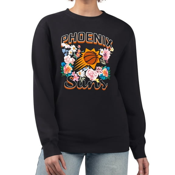 Women's G-III 4Her by Carl Banks Black Phoenix Suns Flowers Team Logo Graphic Fleece Crewneck Pullover Sweatshirt