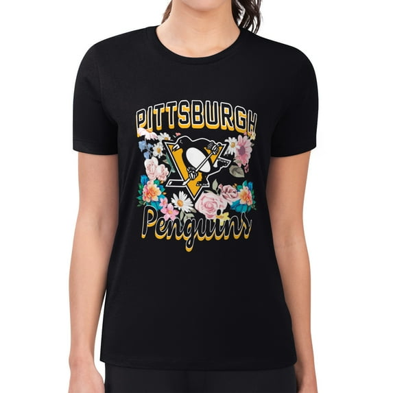 Women's G-III 4Her by Carl Banks Black Pittsburgh Penguins Super-Slim Fit Lightweight Flower Logo T-Shirt