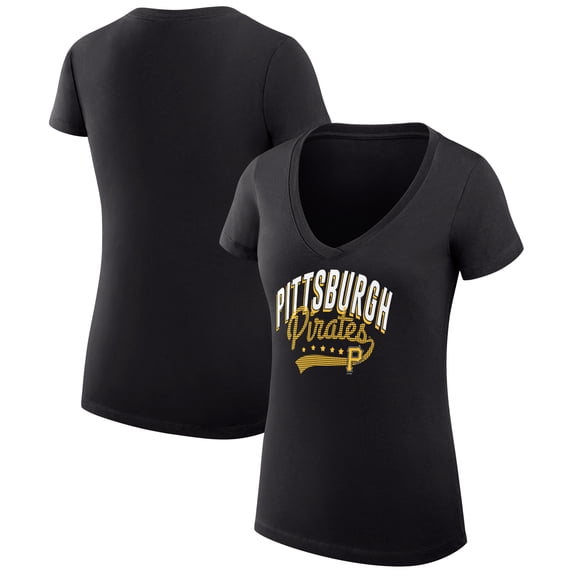 Women's G-III 4Her by Carl Banks Black Pittsburgh Pirates Filigree Team V-Neck Fitted T-Shirt