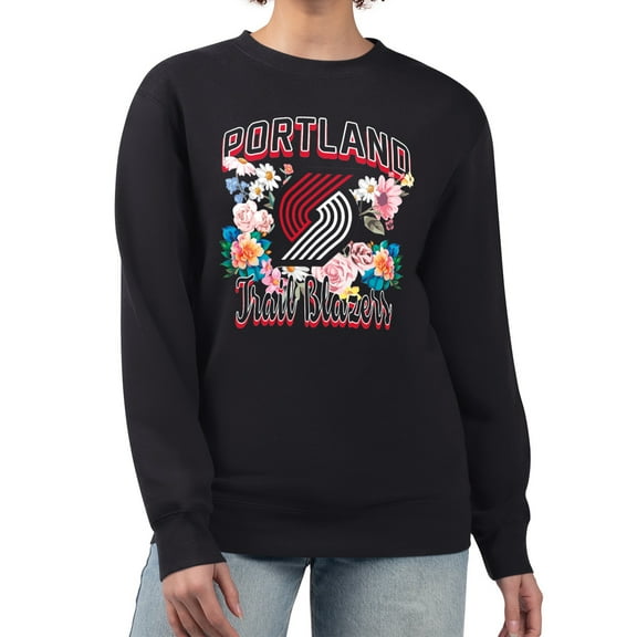Women's G-III 4Her by Carl Banks Black Portland Trail Blazers Flowers Team Logo Graphic Fleece Crewneck Pullover