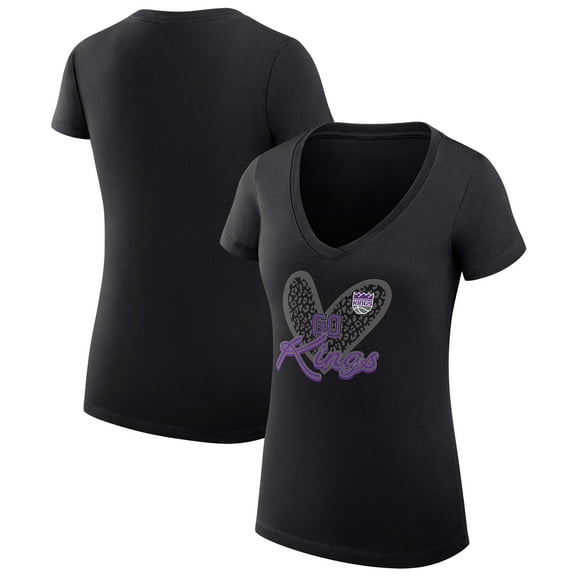 Women's G-III 4Her by Carl Banks Black Sacramento Kings Super-Slim Fit Lightweight Leopard Heart V-Neck T-Shirt