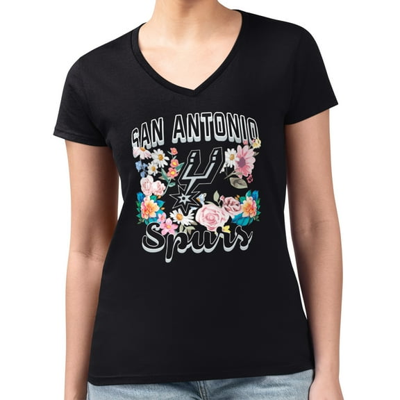 Women's G-III 4Her by Carl Banks Black San Antonio Spurs Super-Slim Fit Lightweight Flowers Team Logo Graphic V-Neck
