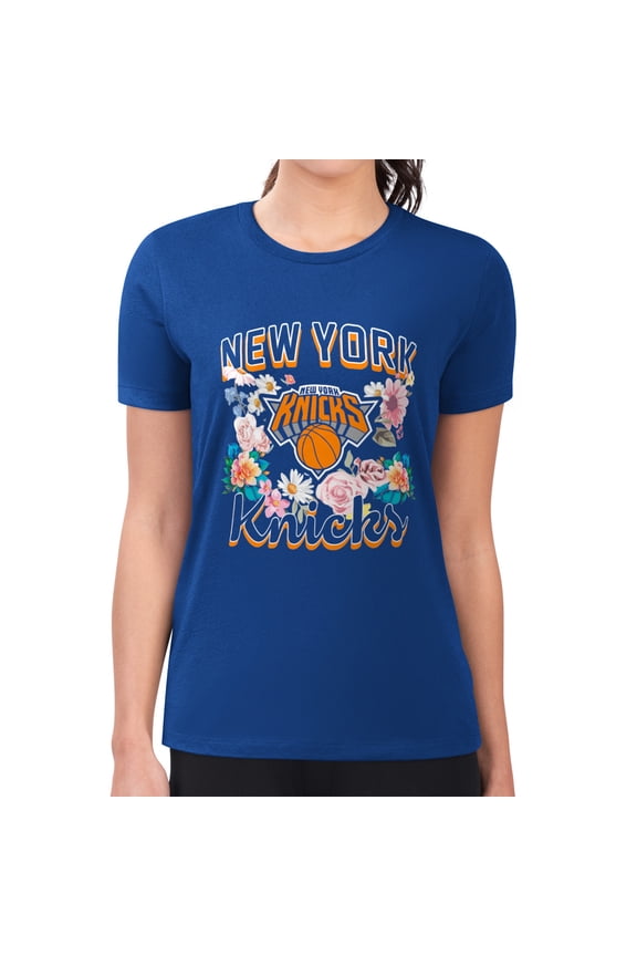 Women's G-III 4Her by Carl Banks Blue New York Knicks Super-Slim Fit Lightweight Flowers Team Logo Graphic T-Shirt