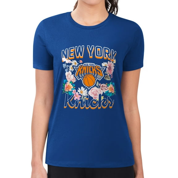 Women's G-III 4Her by Carl Banks Blue New York Knicks Super-Slim Fit Lightweight Flowers Team Logo Graphic T-Shirt