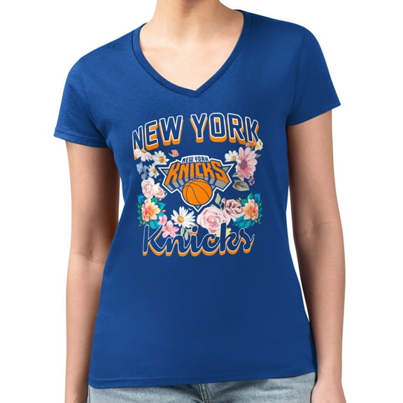 Women's G-III 4Her by Carl Banks Blue New York Knicks Super-Slim Fit Lightweight Flowers Team Logo Graphic V-Neck