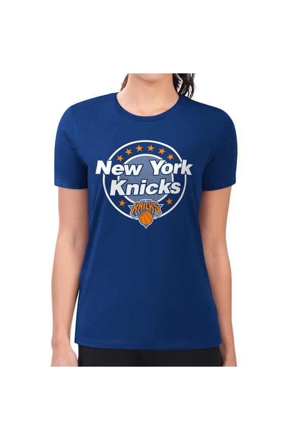 Women's G-III 4Her by Carl Banks Blue New York Knicks Super-Slim Lightweight Pinstripe Circle Graphic T-Shirt
